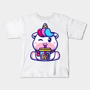 Cute unicorn drinking boba milk tea cartoon Kids T-Shirt